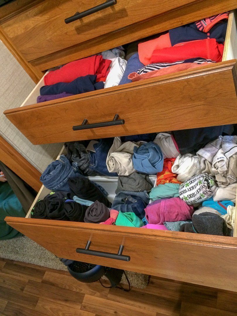RV clothes rolled in drawers