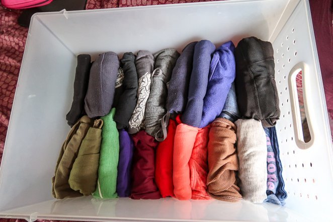 Bin of clothes under RV bed Bin of clothes under RV bed
