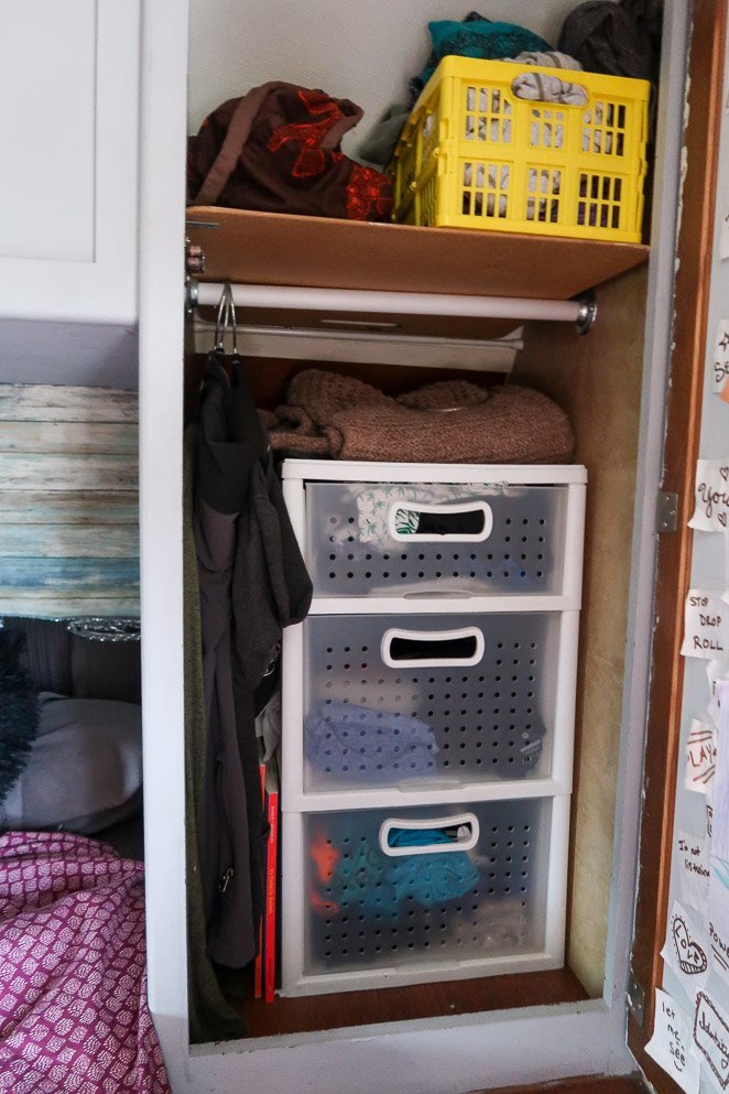 Drawers and bins in closet of RV