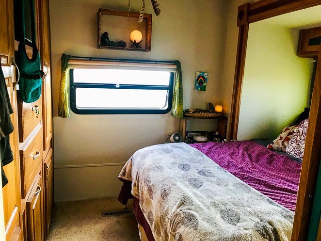 RV bedroom and bed set up