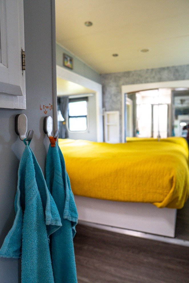 Towel hooks in an RV bedroom