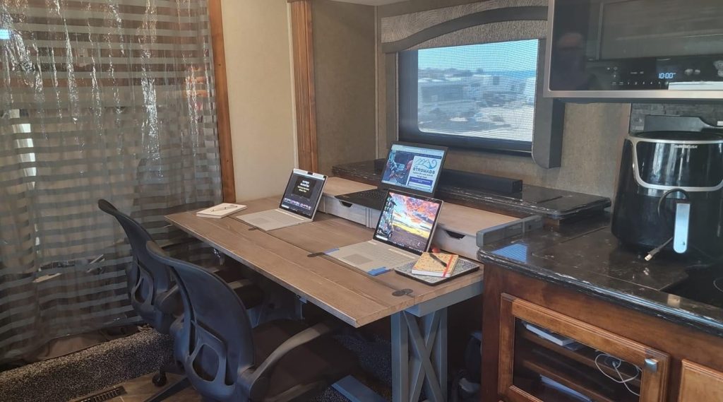 RV computer desk in kitchen