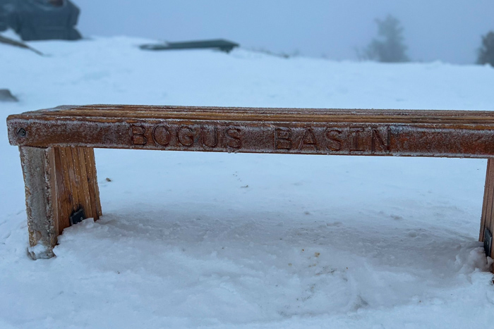 Bogus Basin in the snow bench